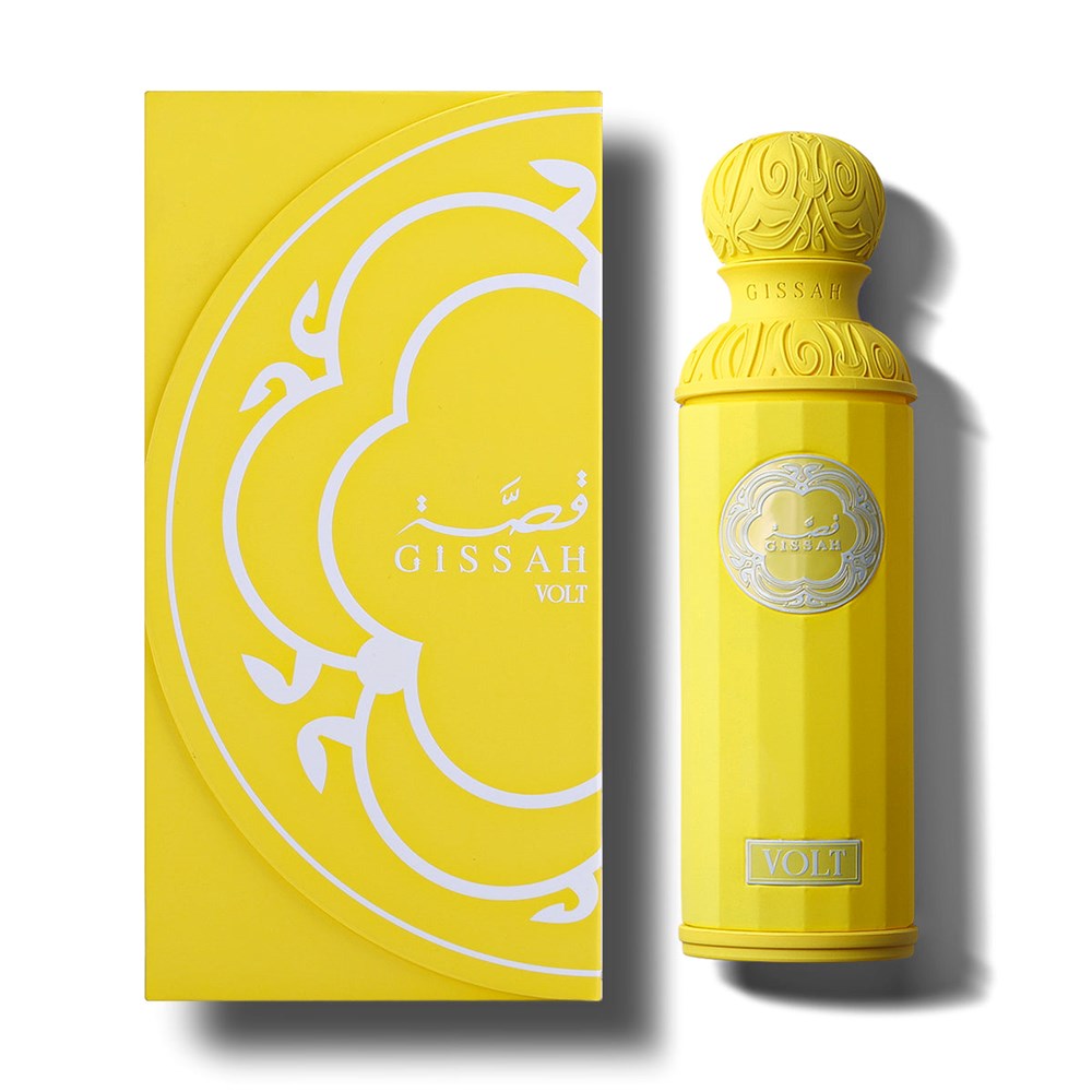 Yellow Gissah perfume bottle and packaging on a white background