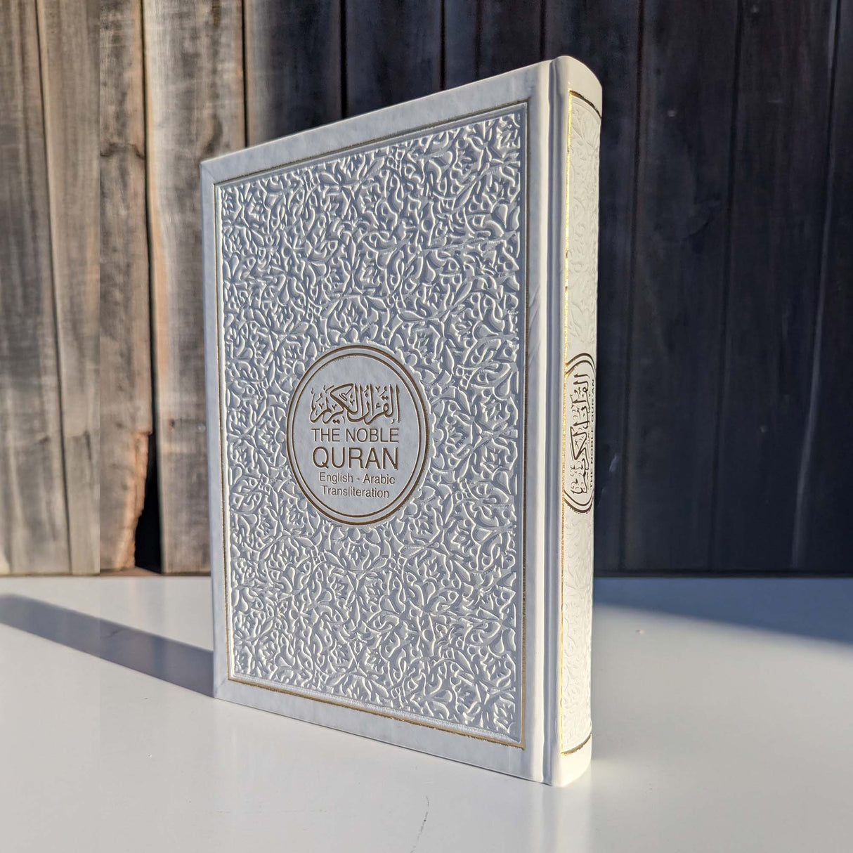 Noble Quran Text, Transliteration and Translation Leather Cover - White