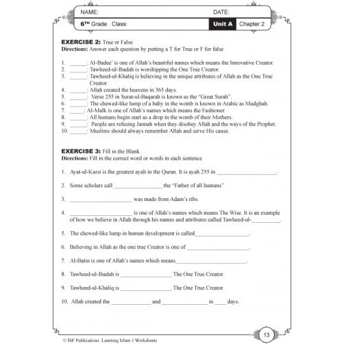 Learning Islam 1 Worksheets Level 1 ( Grade 6)