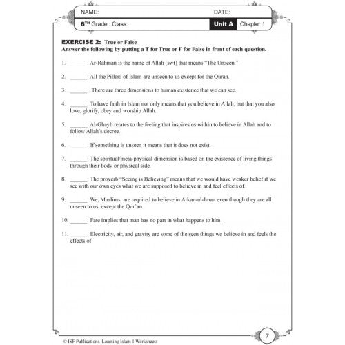 Learning Islam 1 Worksheets Level 1 ( Grade 6)