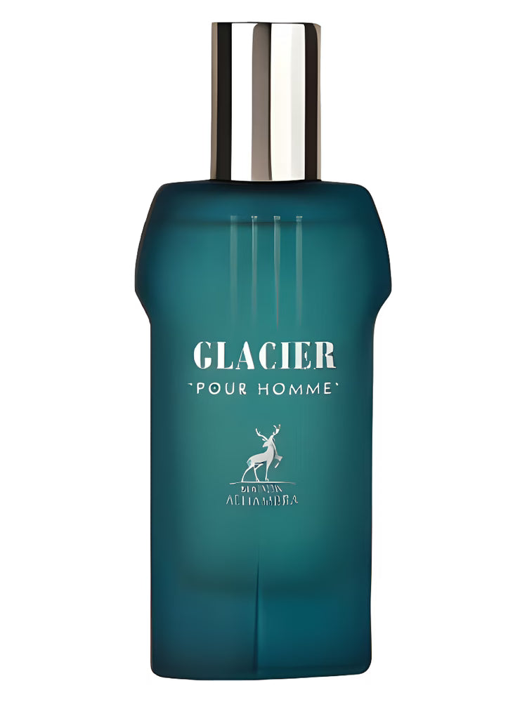 Blue perfume bottle labeled 'Glacier Pour Homme' on a white background