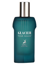 Blue perfume bottle labeled 'Glacier Pour Homme' on a white background