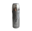 Perfume bottle with silver cap and gray body on a white background