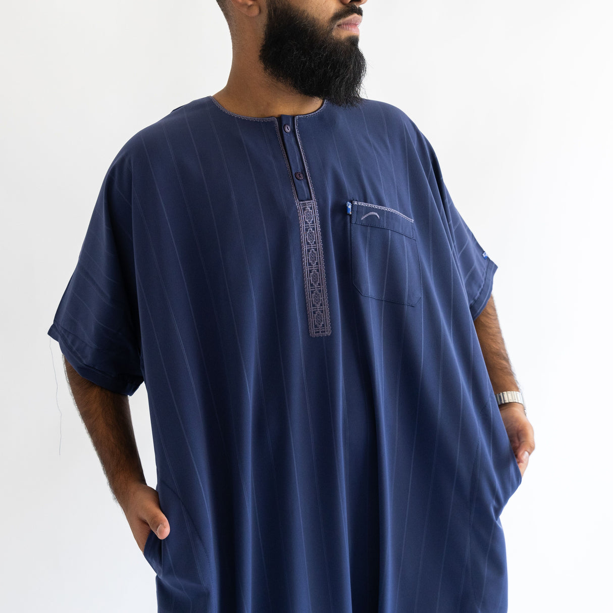 IKAF Half Sleeve Striped Pattern Dark Blue