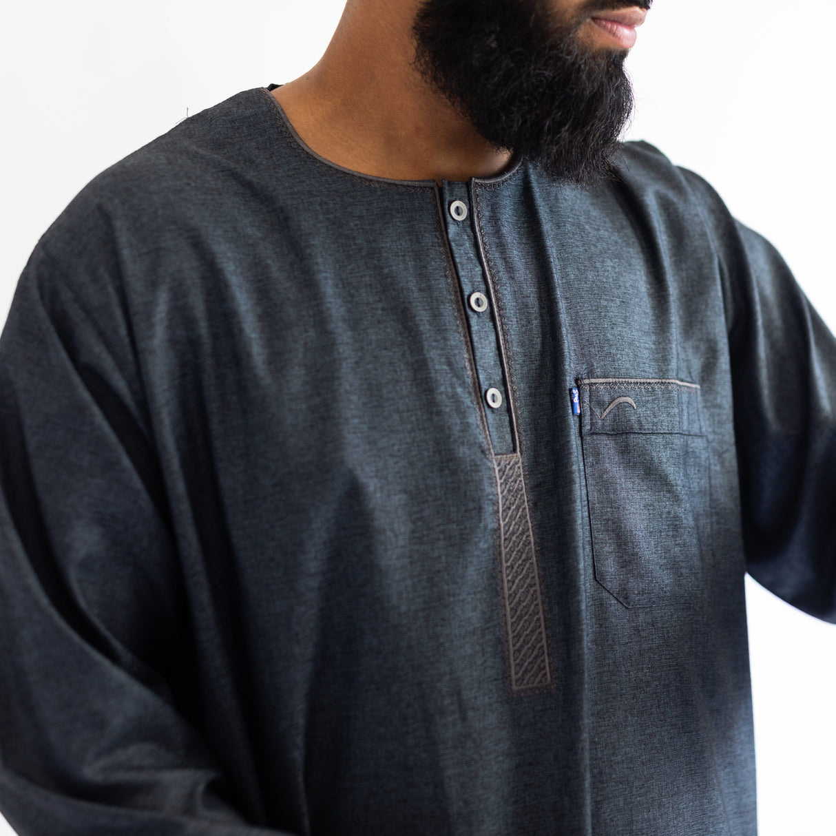 IKAF Long Sleeve Thoub Embroidered Charcoal Marl