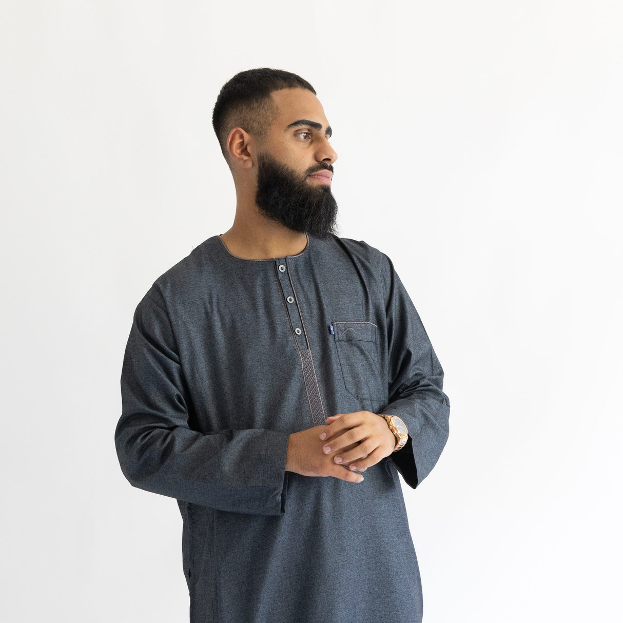 IKAF Long Sleeve Thoub Embroidered Charcoal Marl