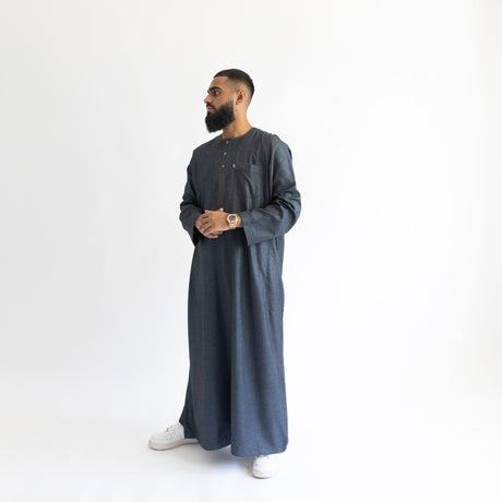 IKAF Long Sleeve Thoub Embroidered Charcoal Marl