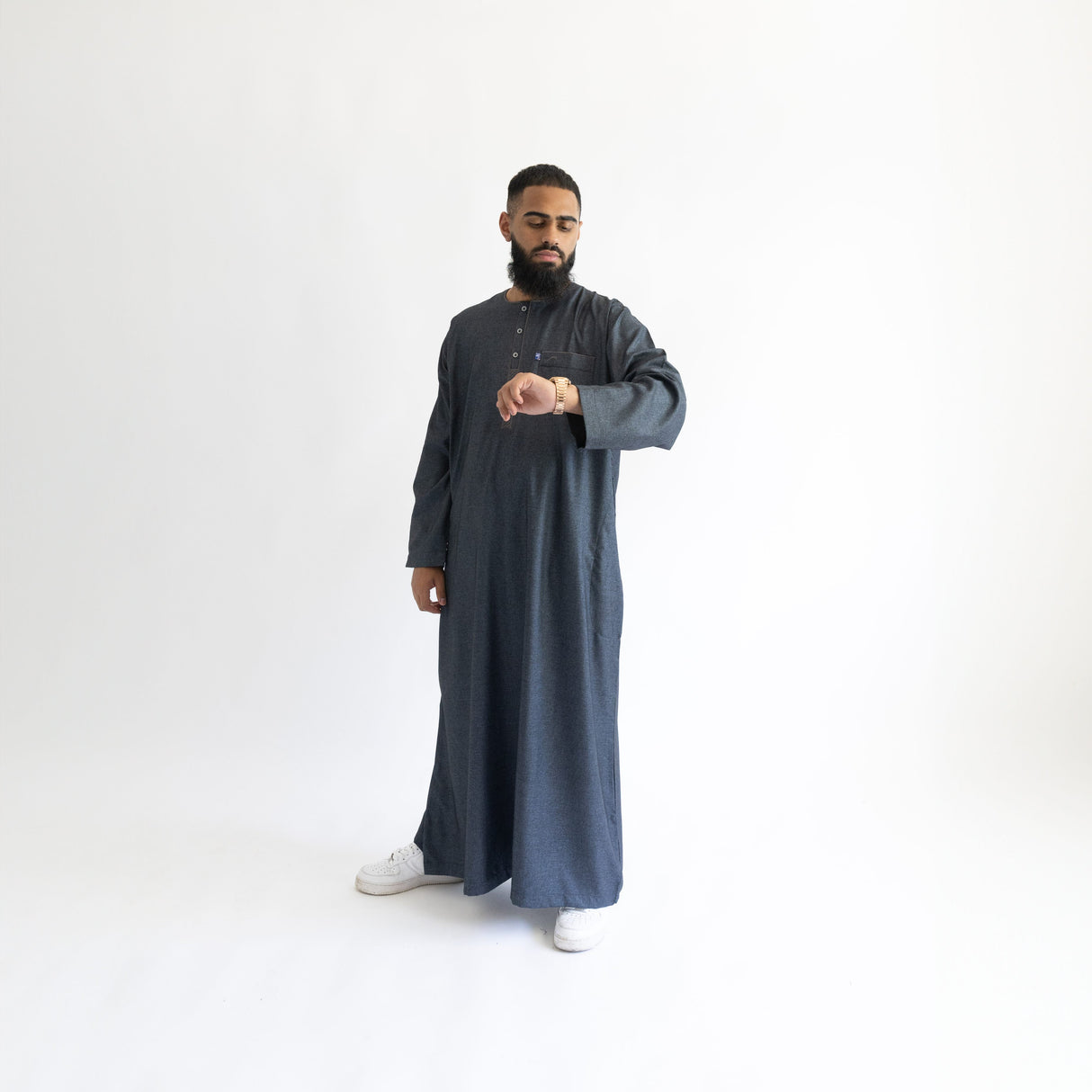 IKAF Long Sleeve Thoub Embroidered Charcoal Marl