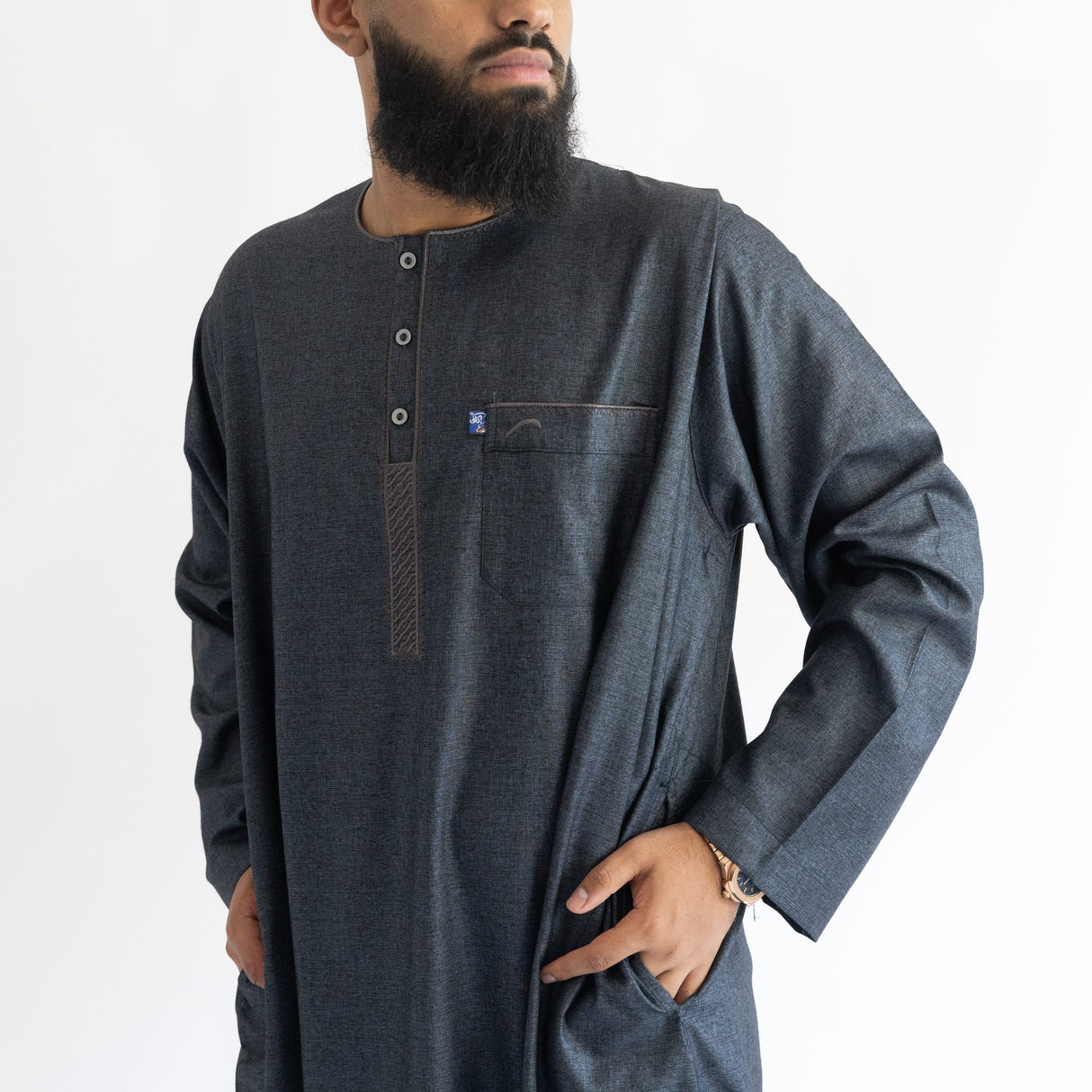 IKAF Long Sleeve Thoub Embroidered Charcoal Marl