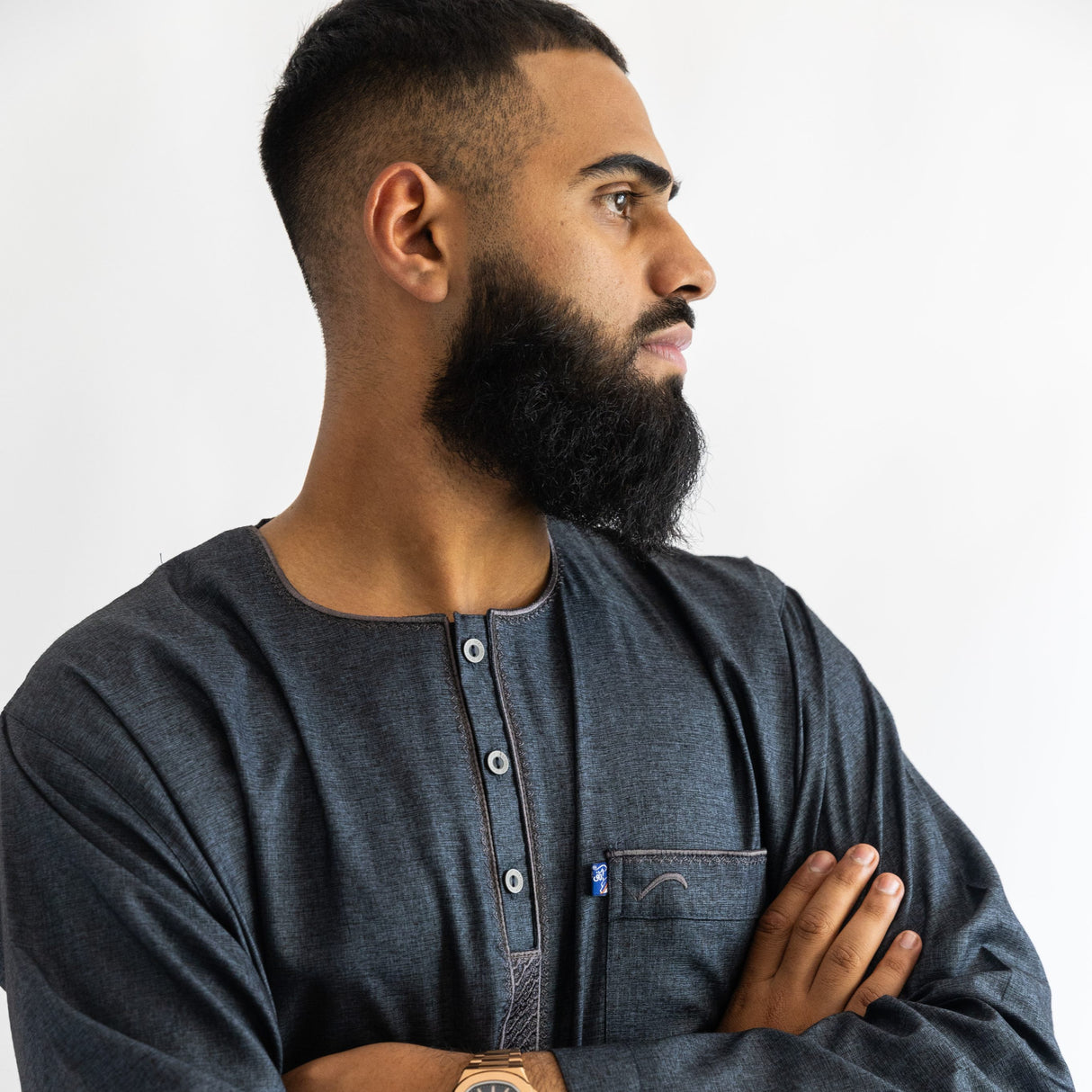 IKAF Long Sleeve Thoub Embroidered Charcoal Marl