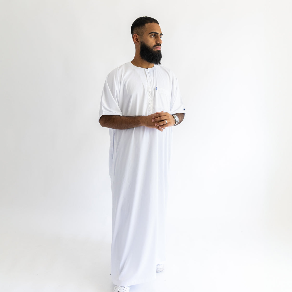 IKAF White Half Sleeve Thoub Embroidered