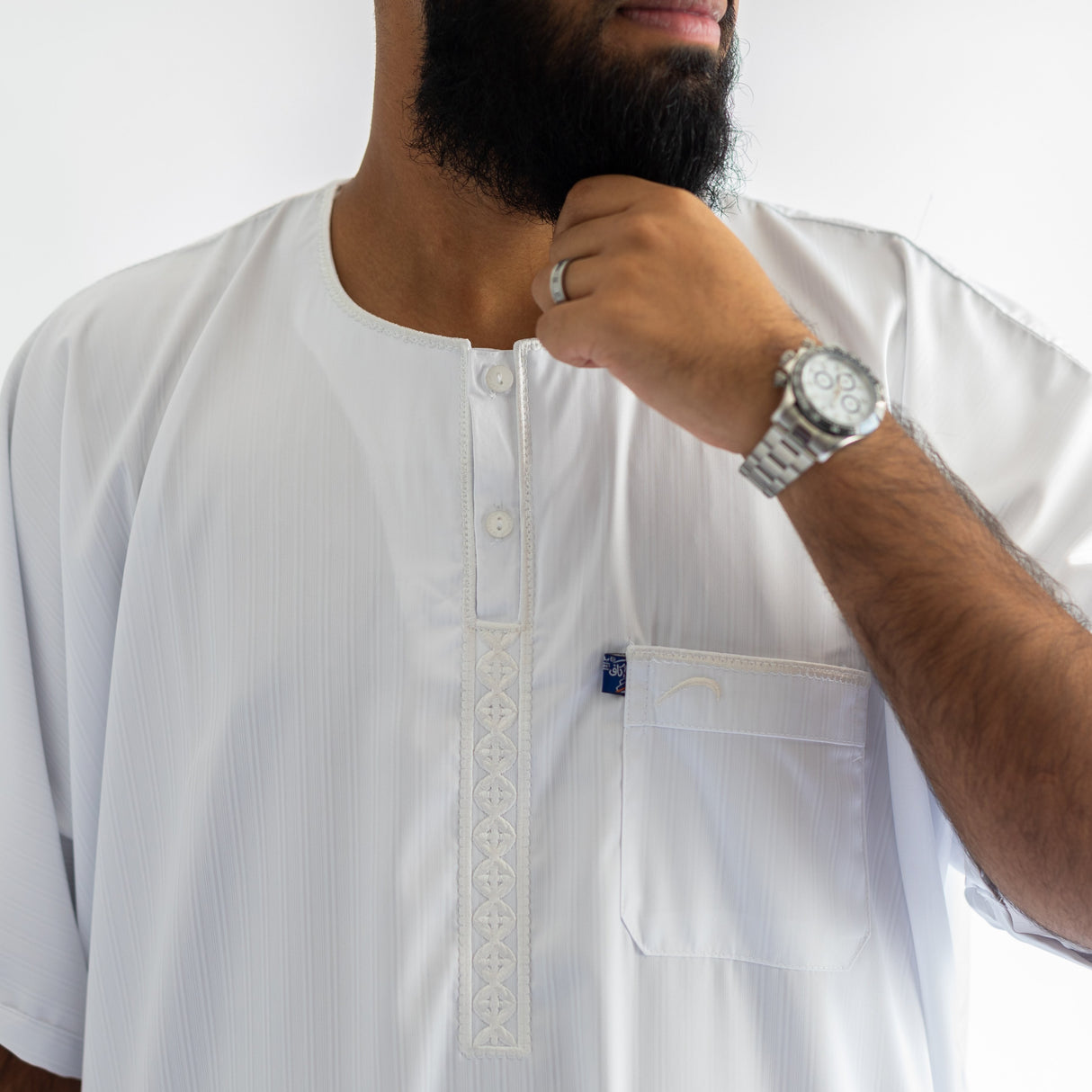 IKAF White Half Sleeve Thoub Embroidered