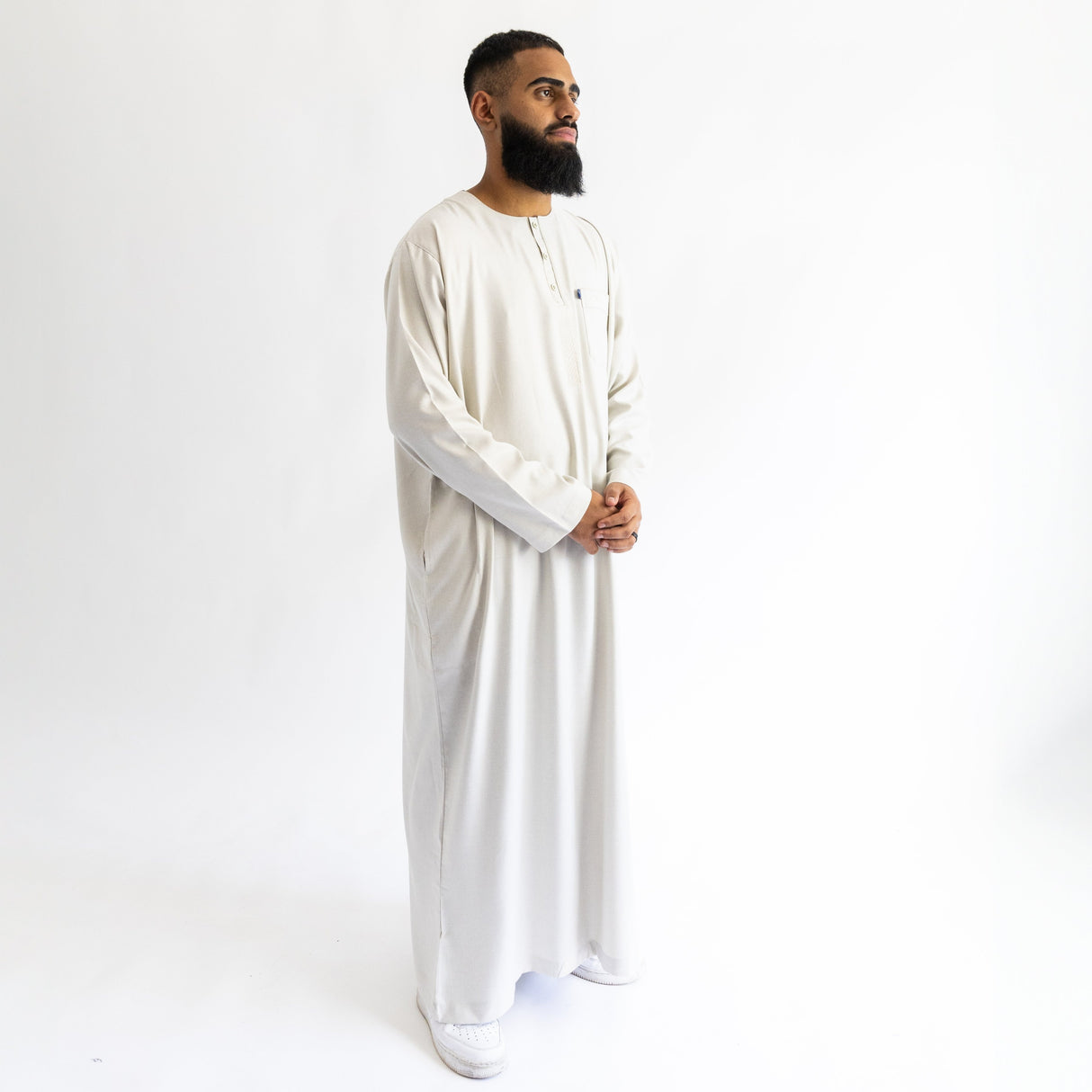 IKAF White Long Sleeve Thoub Embroidered