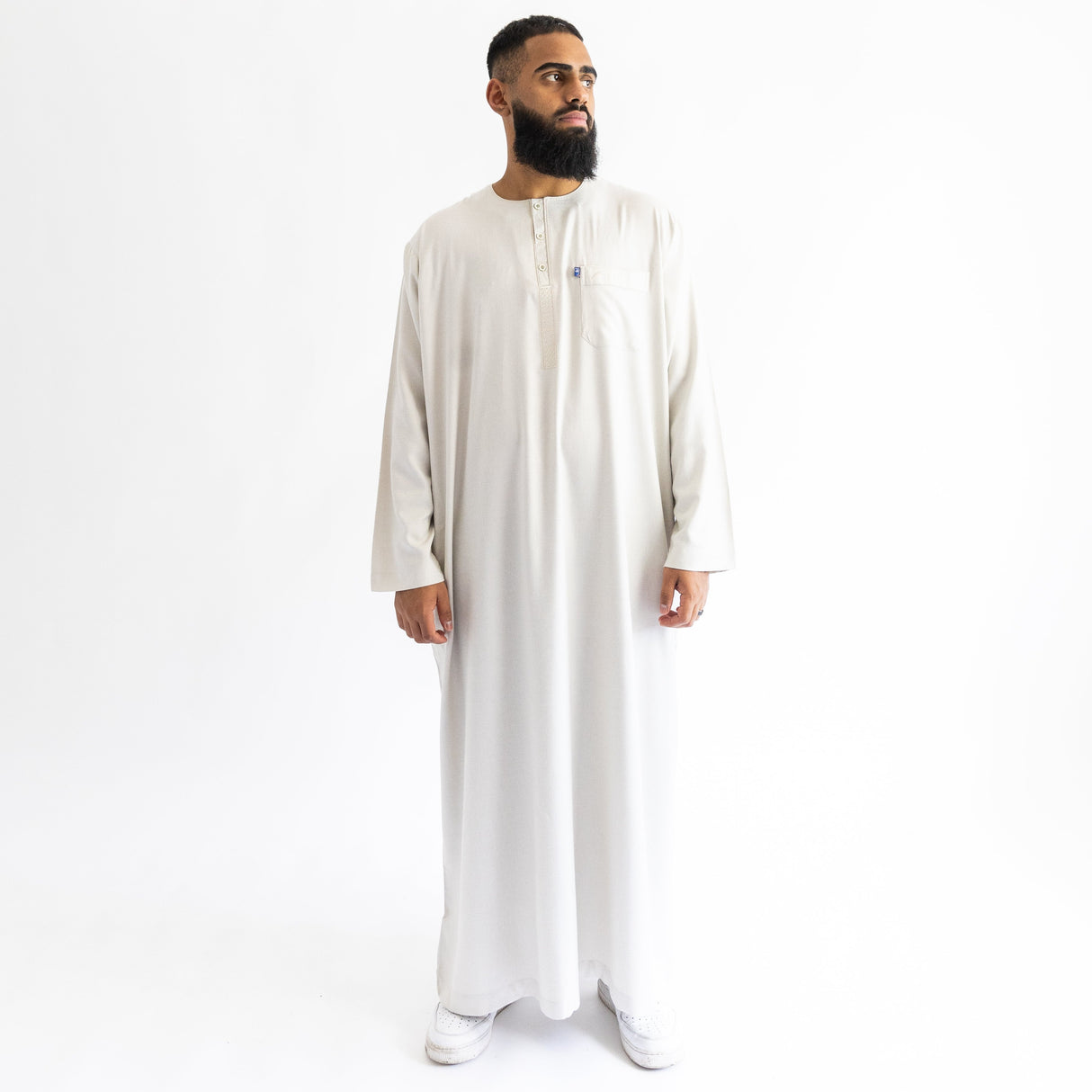 IKAF White Long Sleeve Thoub Embroidered