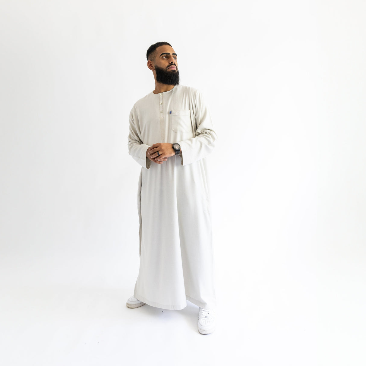 IKAF White Long Sleeve Thoub Embroidered