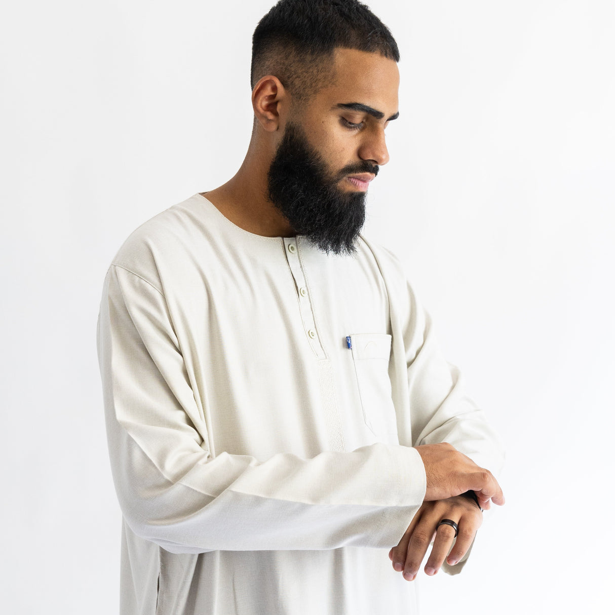 IKAF White Long Sleeve Thoub Embroidered