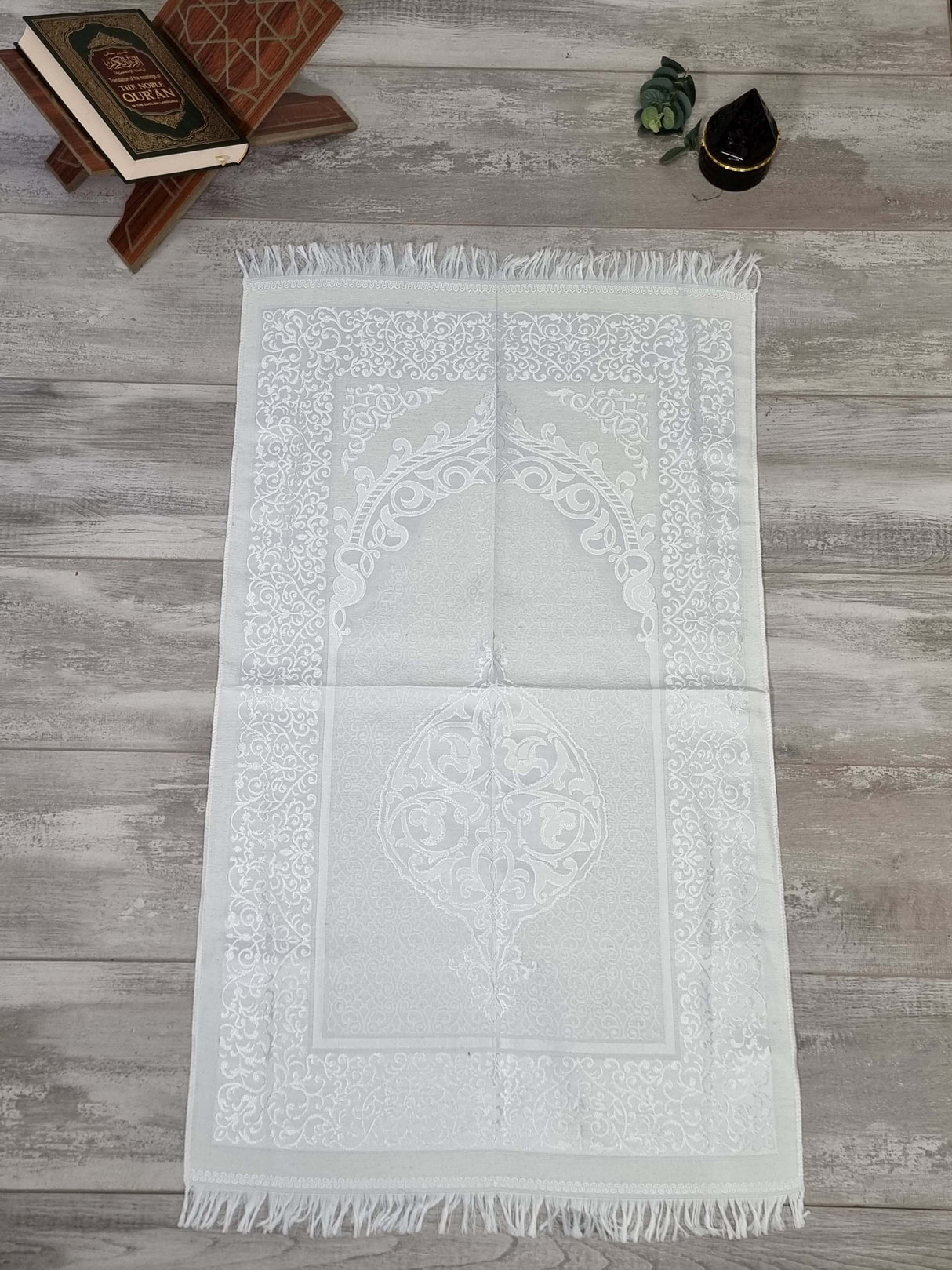 Embroidered Prayer Mat Floral Arch - White